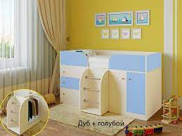 Кровать-чердак Малыш-4 Дуб молочный/Голубой в Покровске - pokrovsk.katalogmebeli.com | фото